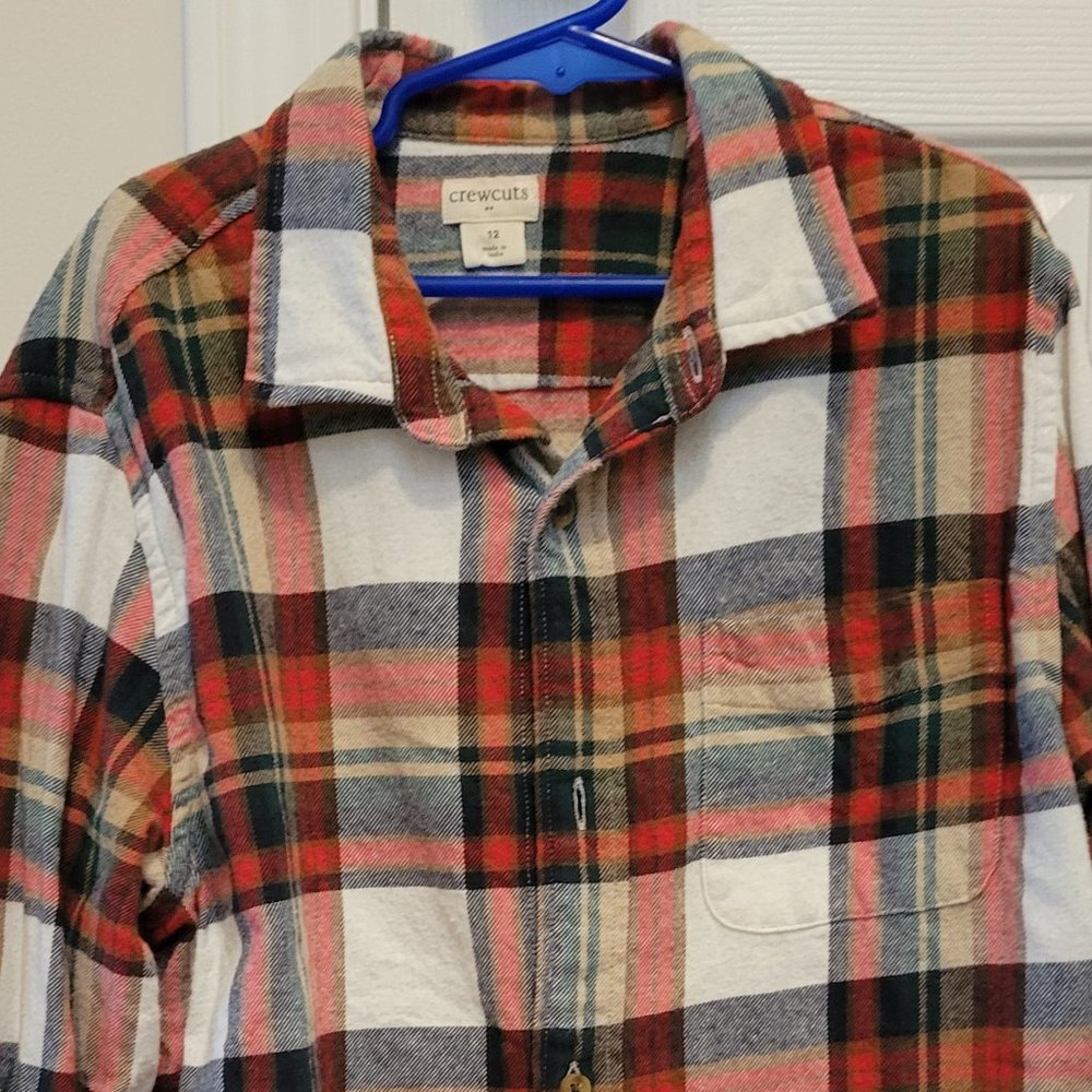 Crewcuts boys flannel size 13l2 green red tan and white plaid